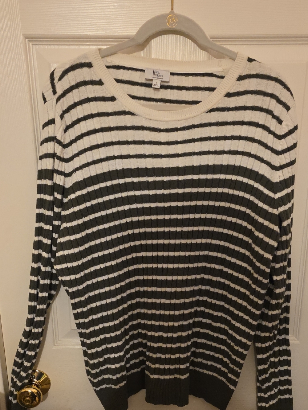 Kim Rogers Cream and Hunter Green Striped Ribbed Cotton Top